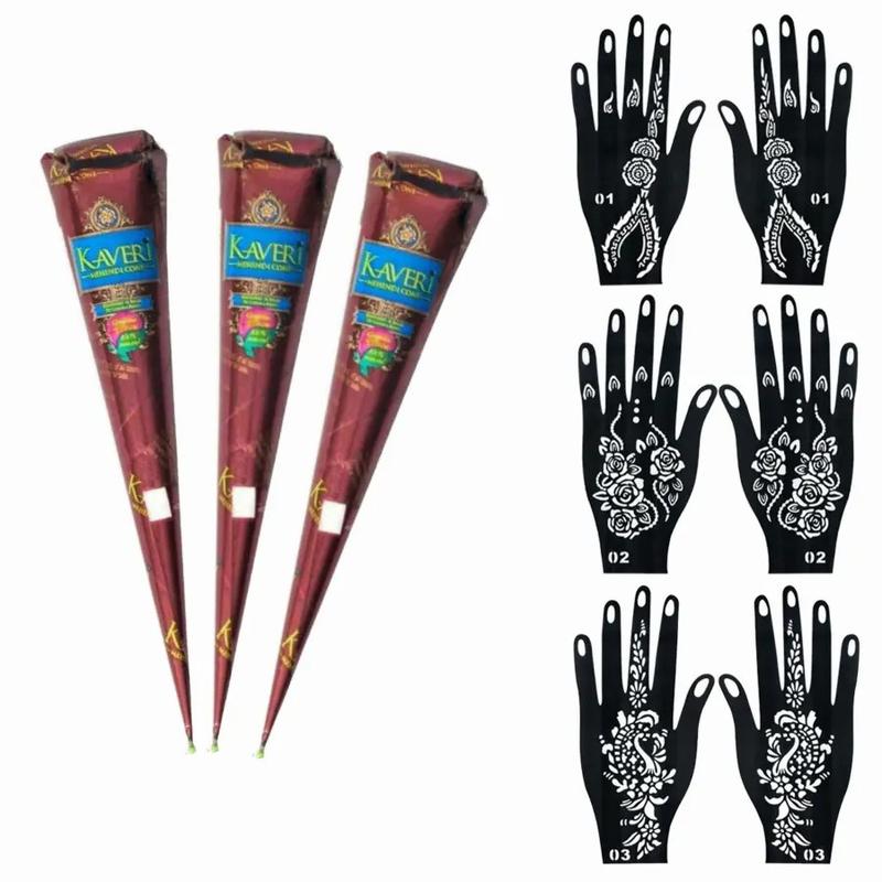 Henna Tattoo Paste Set, 3 Henna Pastes + 6 Temporary Tattoo Stencils, Waterproof Henna Tattoos for Body Art & Nail Designs