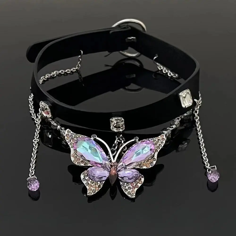 Women's Y2K Gothic Butterfly Choker Necklace, Purple Faux Leather Punk Jewelry with Adjustable Fit, Dark Feminine Grunge Aesthetic Streetwear Accessory for Party, Concert, Festival, Daily Wear & Alternative Fashion Style