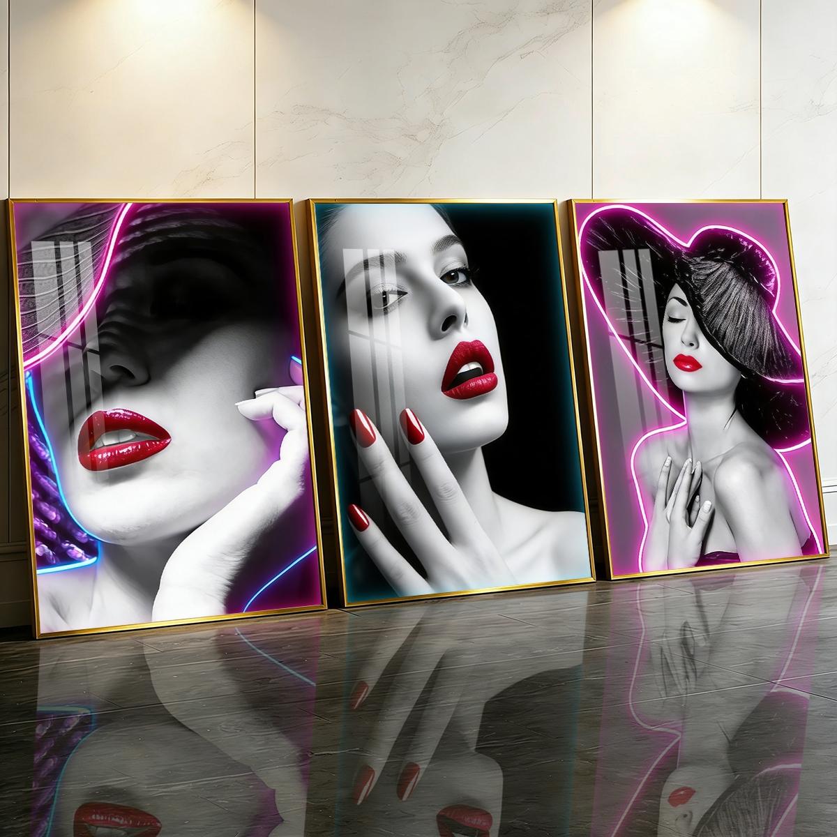 3 Counts Aluminum Alloy Framed Painting, Neon Beauty Portrait Art With Red Lips And Nails, Home Decoration For Living Room, Bedroom, Office, Restaurant, Hallway Wall Decor, Odorless Print Artwork, Luxury Perfect Gift For Friends And Family