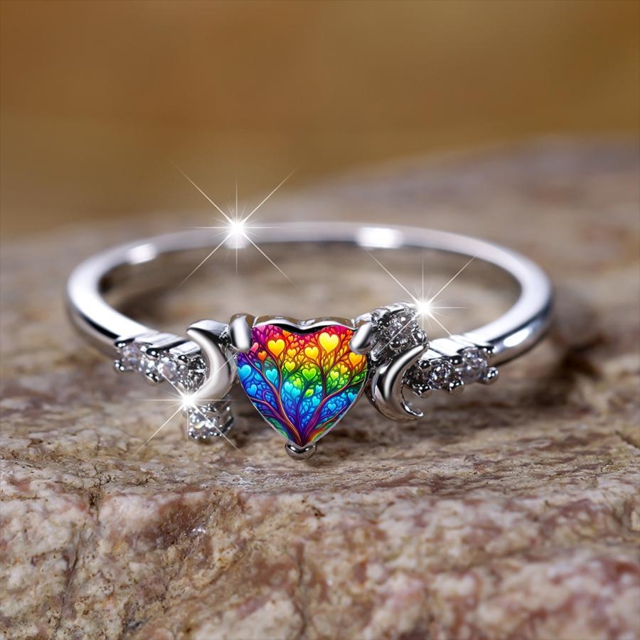 Rainbow Tree of Life Love Ring, featuring a design with double crescent moon and surrounded by broken diamonds, a niche and healing accessory with colorful love heart veins, symbolizing vitality and suitable as a gift jewelry, Bohemian Fashion Ring