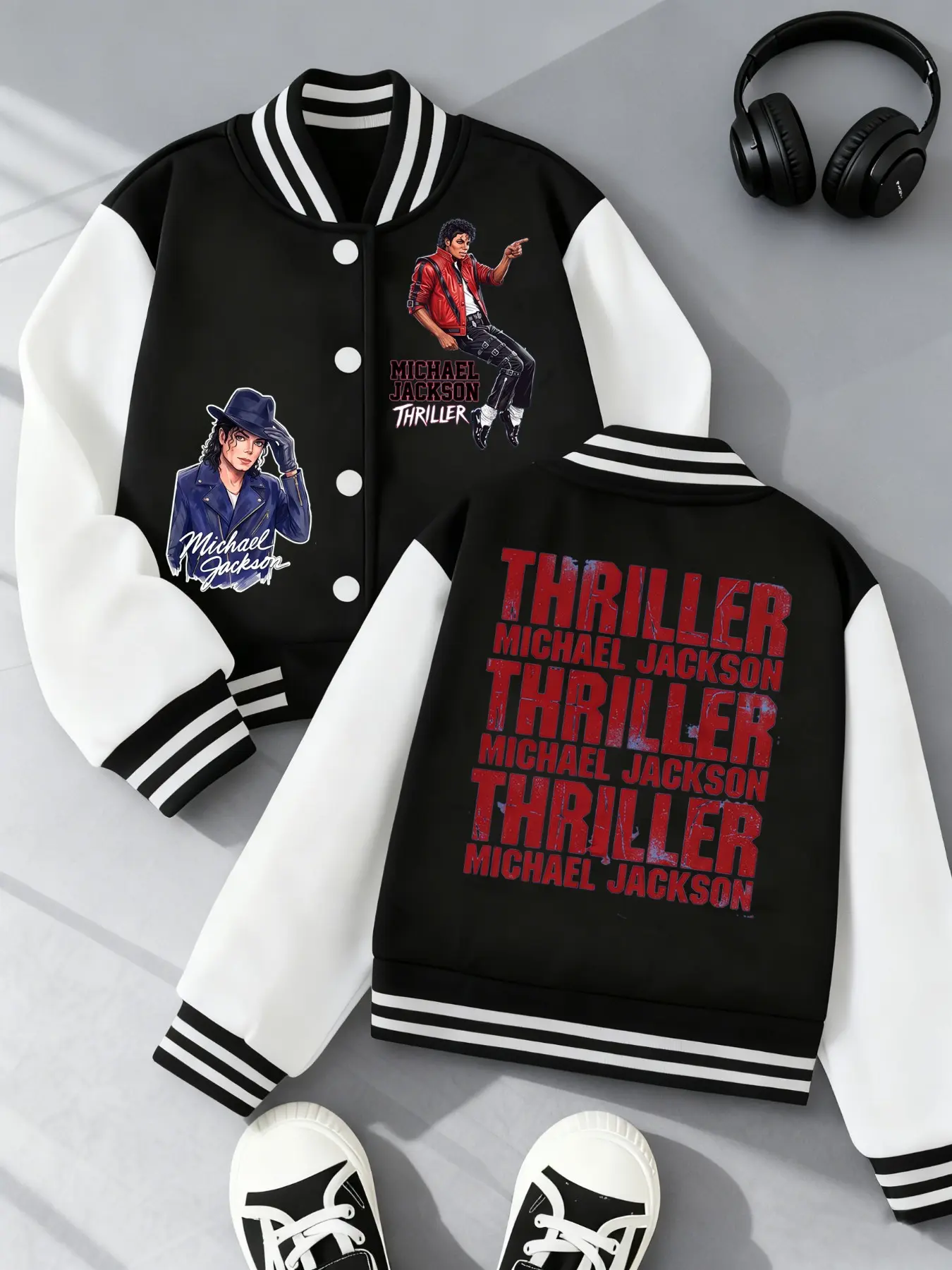 Michael Jackson Thriller Print Jacket, Casual Loose-Fit Outerwear, Graphic Baseball Coat, Unisex Retro Street Style, All Seasons