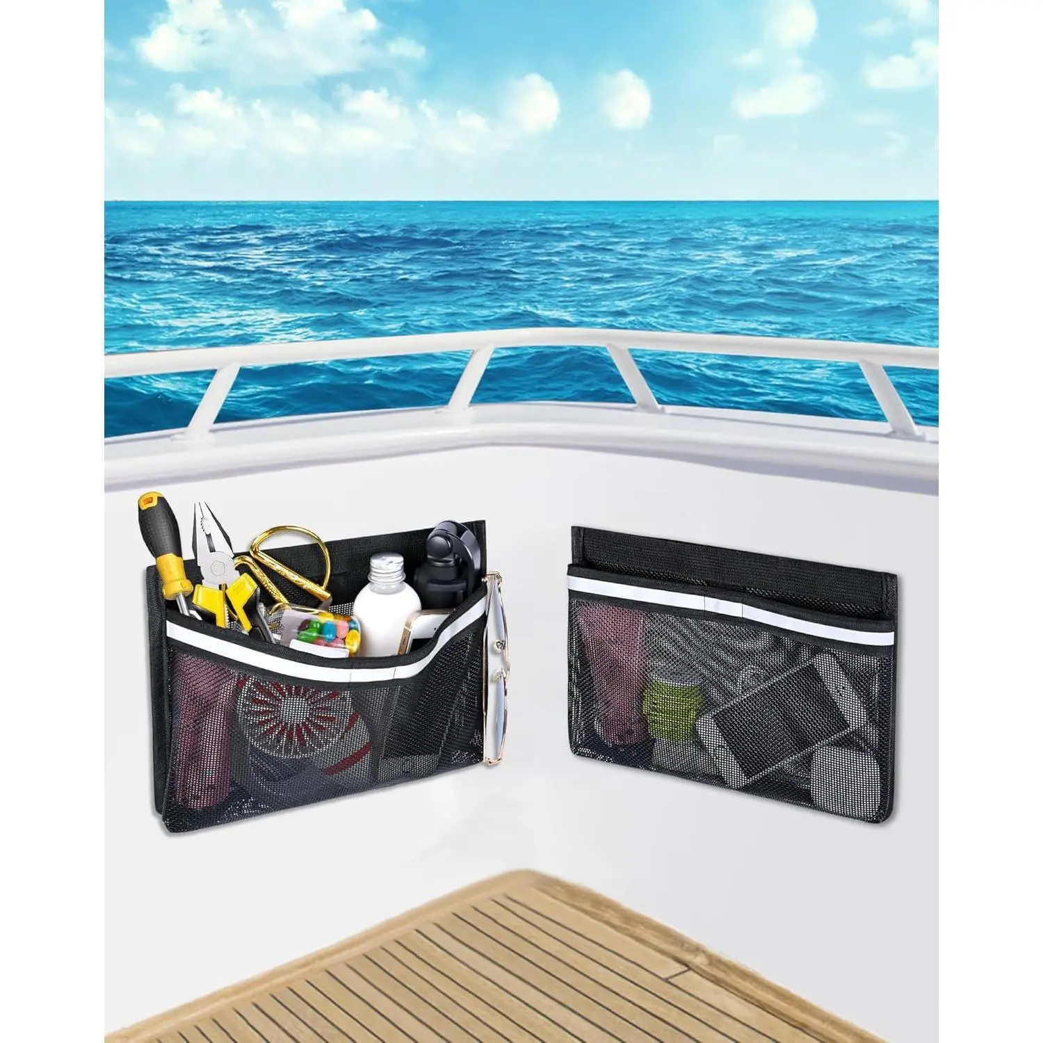 Boat Plastic Organizer Pouches - 2 Sturdy Synthetic PVC Mesh Pouches, 10-in Tear-Resistant Self-Adhesive with Reflective Edge, Multifunctional Storage Solution, Multi Purpose Organizers and Storage Bags