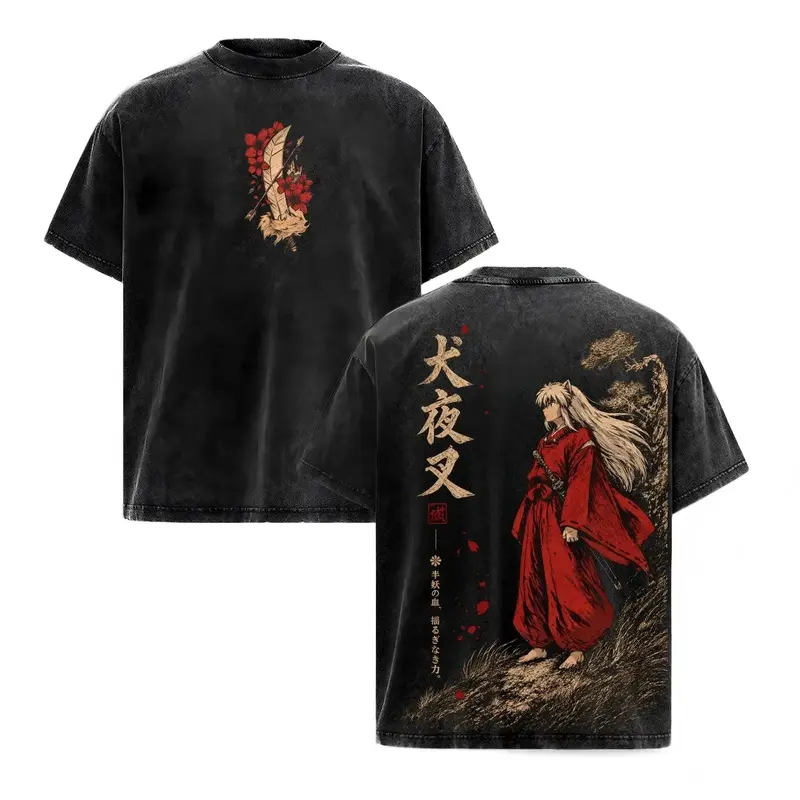 100% Cotton T-shirt.Inuyasha Vintage Clothes Washed Anime Graphic Tee Manga Shirt Japan Anime T-Shirt Oversized Heavy Cotton Streetwear Top Apparel Classic Anime Fan Gift for Men & Woman,Inuyasha Half Demon Japanese Calligraphy Otaku Anime Merch