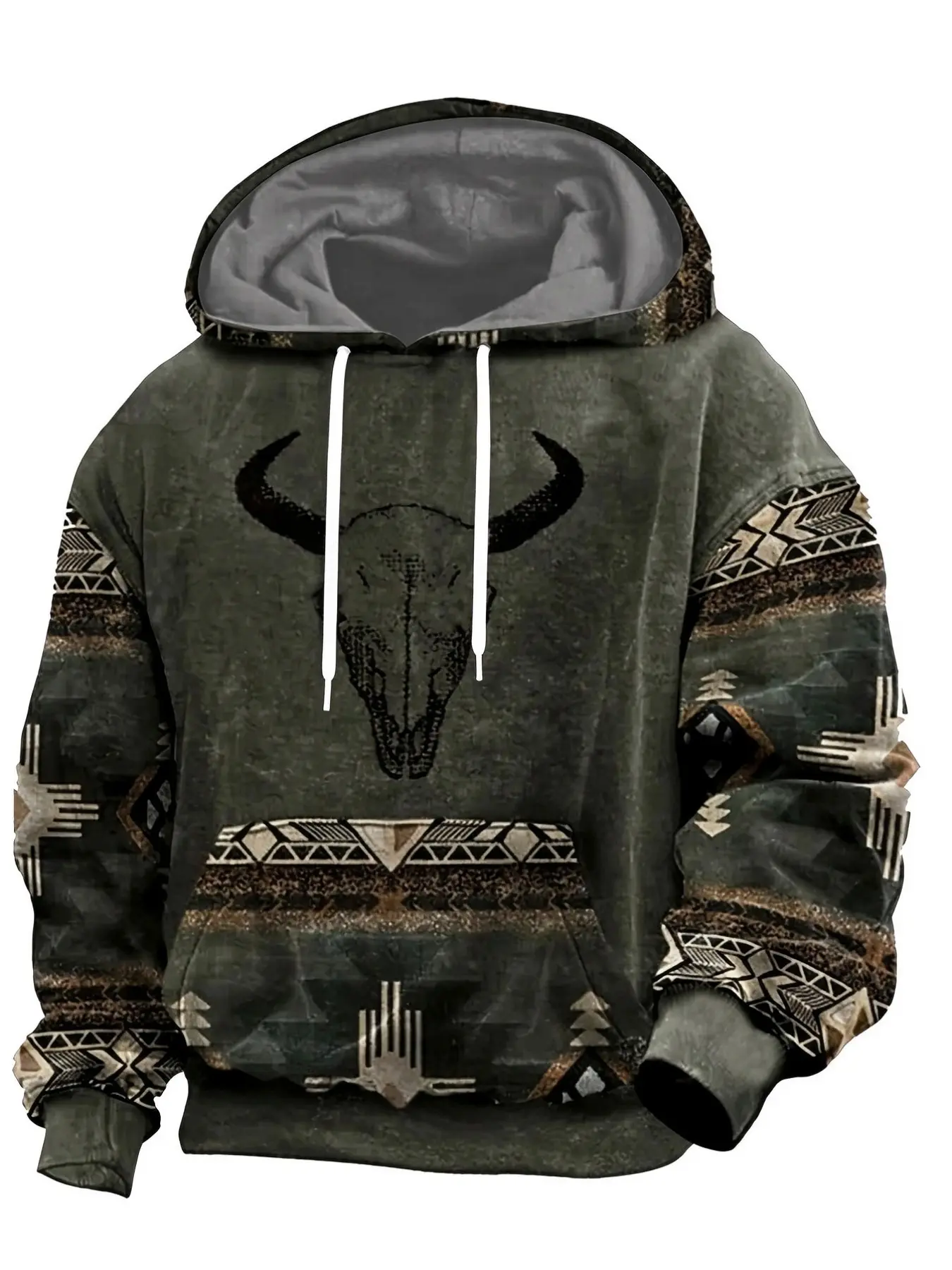 Men's Vintage Western Hoodie, Bull Skull Print with Navajo Geometric Pattern, Loose Fit Kangaroo Pocket, Casual Fall & Winter Streetwear