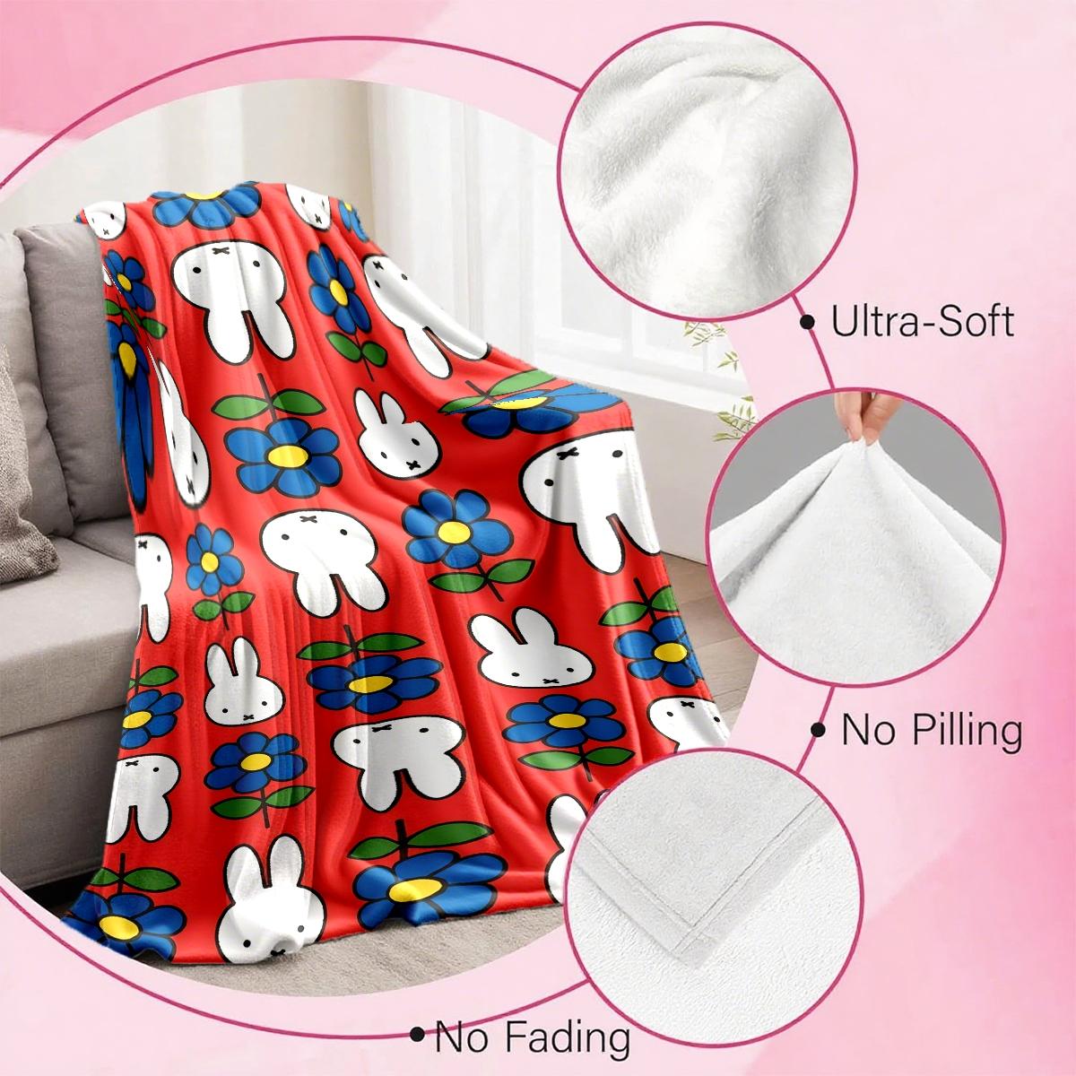 Miffy Rabbit Floral Flannel Cozy Blanket, Soft Lightweight Warm, 100% Fiber, Perfect for Bed Sofa Office Camping Travel Gift
