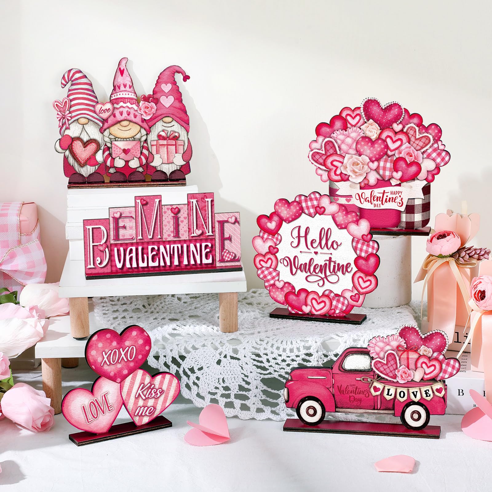 St. Patrick's Day & Valentine's Day Reversible Gnome Wood Signs, Double Sided Irish Theme Wooden Standing Blocks & Love Car Rose Truck Heart Decor, Table Centerpiece for Tiered Tray Farmhouse Kitchen, Ideal for Irish Families, Gnome Lovers & Couples Gift