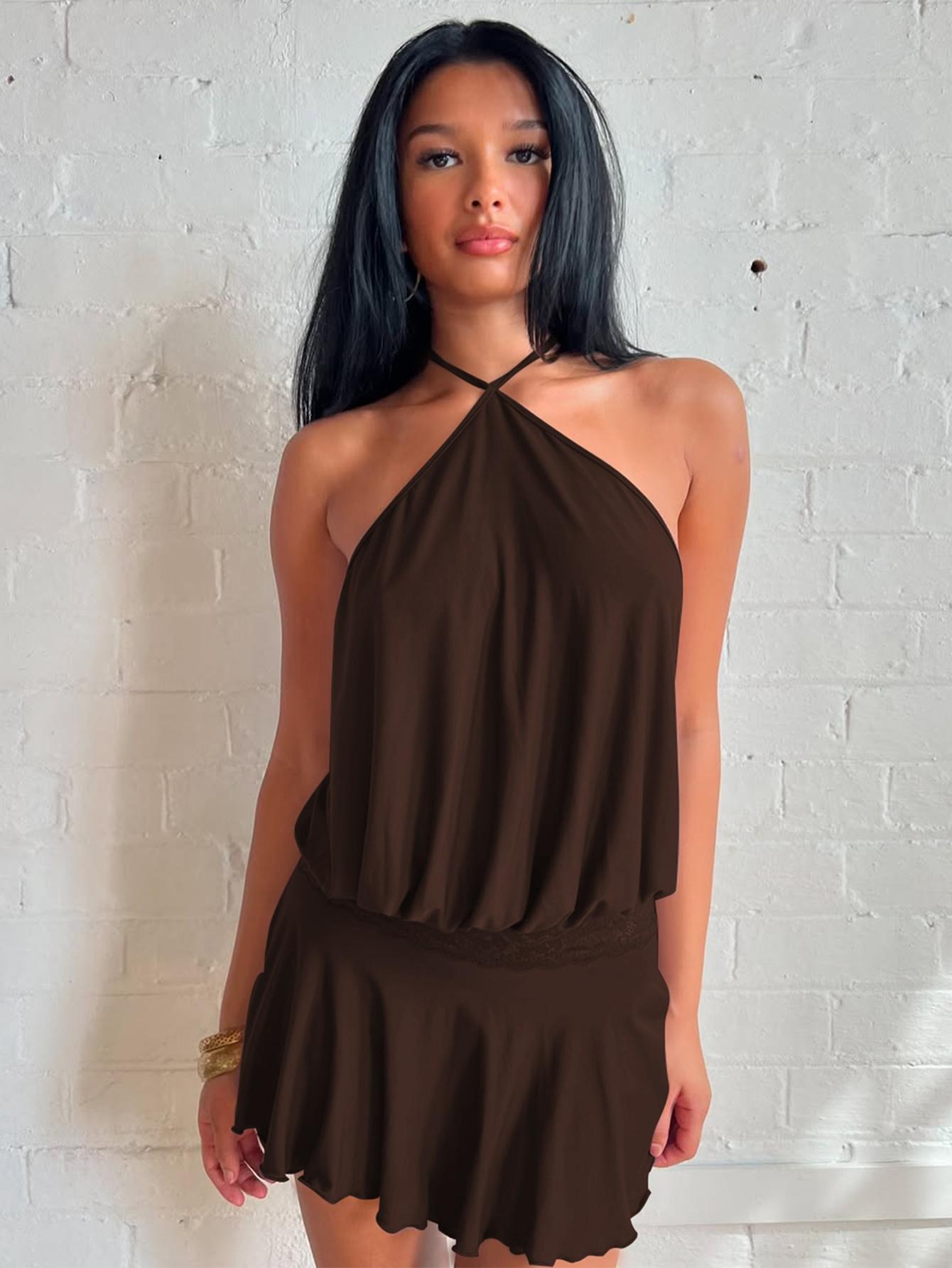 Women's Solid Color Lace Stitching Halter Neck Lace Up Sleeveless Backless Bodycon Slip Dress Plain Cut Out See Through Ruffles Hem Party Club Dating Holiday Beach Vacation Music Festival Ladies Dresses Clothing Wear Halter Strap Dress