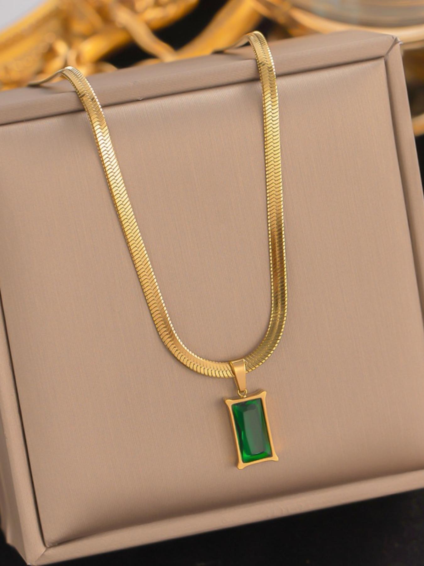 Luxury Gold Plated Green Gem Necklace Earrings Set, Elegant Emerald Jewelry for Women, Vintage Style Snake Chain Pendant Earrings, Perfect Gift for Her