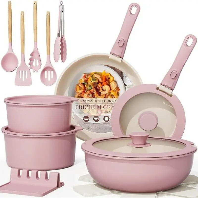 21 Pcs Pots and Pans Set Non Stick, Ceramic Cookware Set Detachable Handle, RV Kitchen Cooking Set Removable Handles, Oven Safe, Induction Ready, Stackable, Pink, Mothers Day Gifts