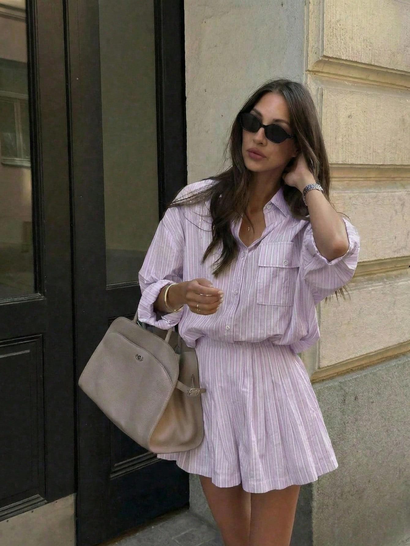 Women's Summer Comfortable Chic Striped Pocket Button-Front Shirt and Shorts Set for Daily Wear Fashion Style Sets