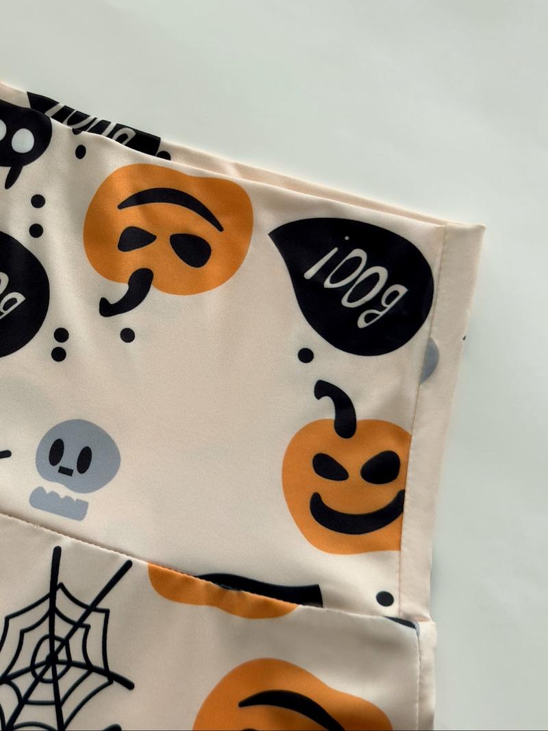 Women Halloween Two Piece Set Pumpkin Print Long Sleeve Crop Top Flare Pants Outfit Ghost Bat Spider Web Design Holiday Party Clubwear Casual Fall Festival Look Comfortable Fashion Matching Set Halloween Costume