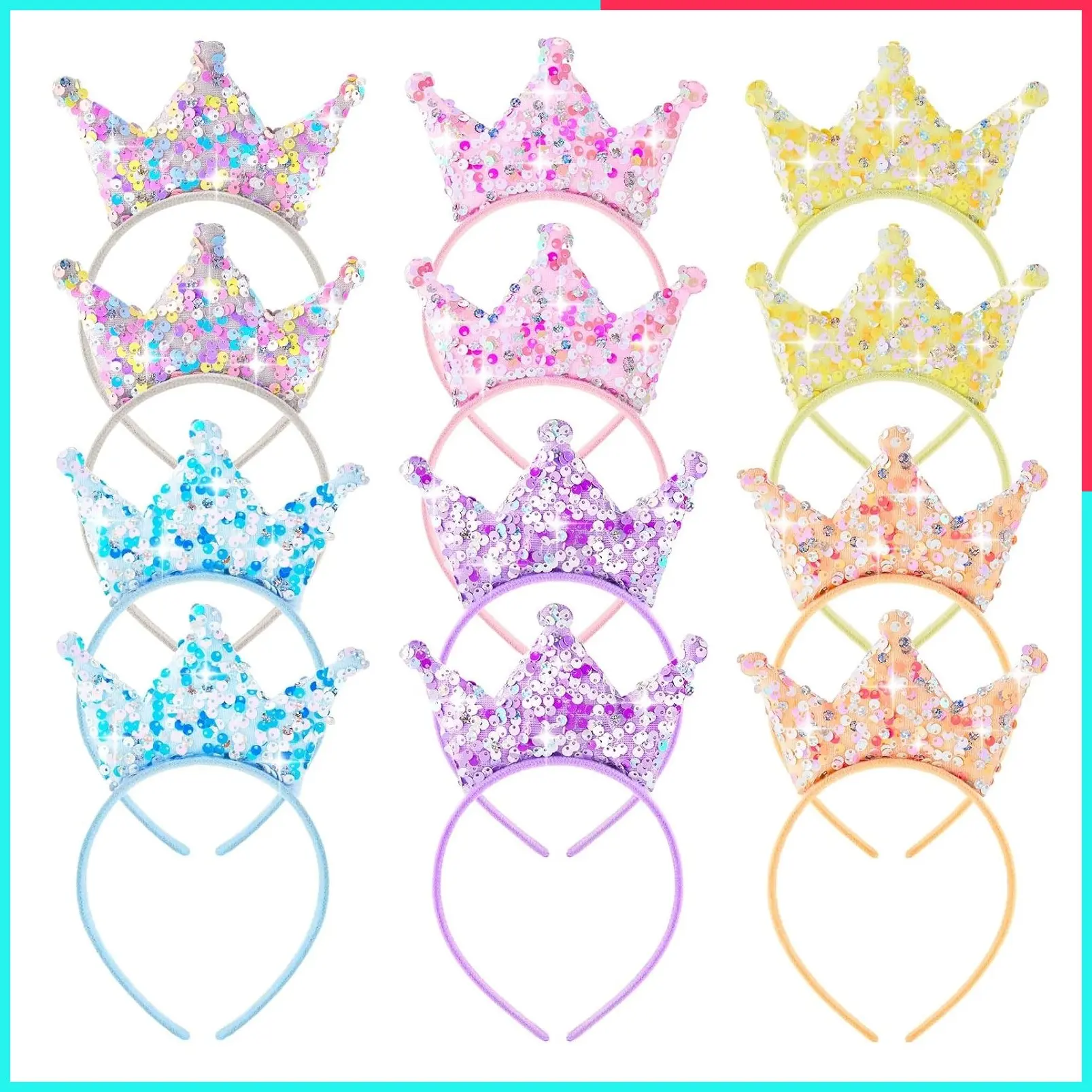 12 Pack Glitter Sequin Princess Crown Headbands - Sparkly Party Favors for Birthday, Prom, Gifts (Multi Colors)