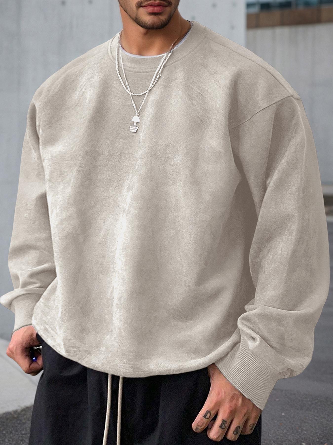 Men's Solid Color Plain Round Neck Drop Shoulder Long Sleeve Fleece Sweatshirt, Casual Fit for Fall & Winter, Comfortable Daily Wear