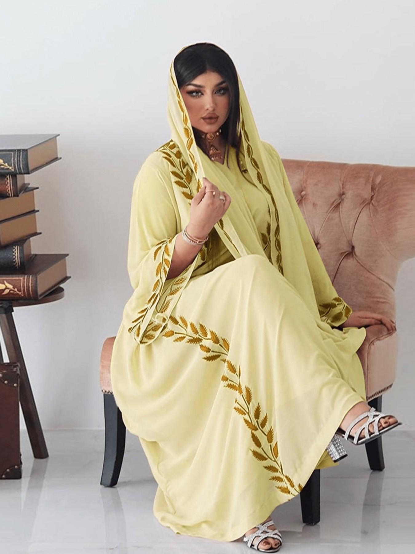 Hafizah Women's Long Ethnic Print Kaftan Dress, Leaf Print, V Neck, Flared Sleeves, Loose-Fit, All Seasons, Elegant Muslim Kaftan Dress Islamic Clothing, Party & Casual Wear