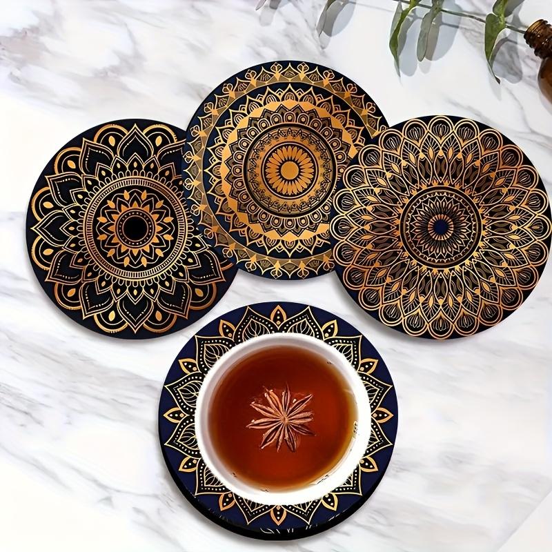 8-Piece Golden Mandala Wooden Coasters - Absorbent and Durable, Ideal for Coffee, Tea, and Beverages | Perfect Home and Restaurant Decor | Ideal Graduation Gift