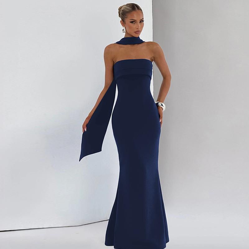 Women‘s Black Tie-neck Dress, Solid Ruched Sleeveless Strapless Backless Tube Dress & Halter Neck Scarf Ribbon Two-piece Set, Plain Back Zipper Maxi Long Dresses, Sexy Cocktail Party Club Date Evening Gown Wedding Guest Mermaid Dress Outfit For Ladies