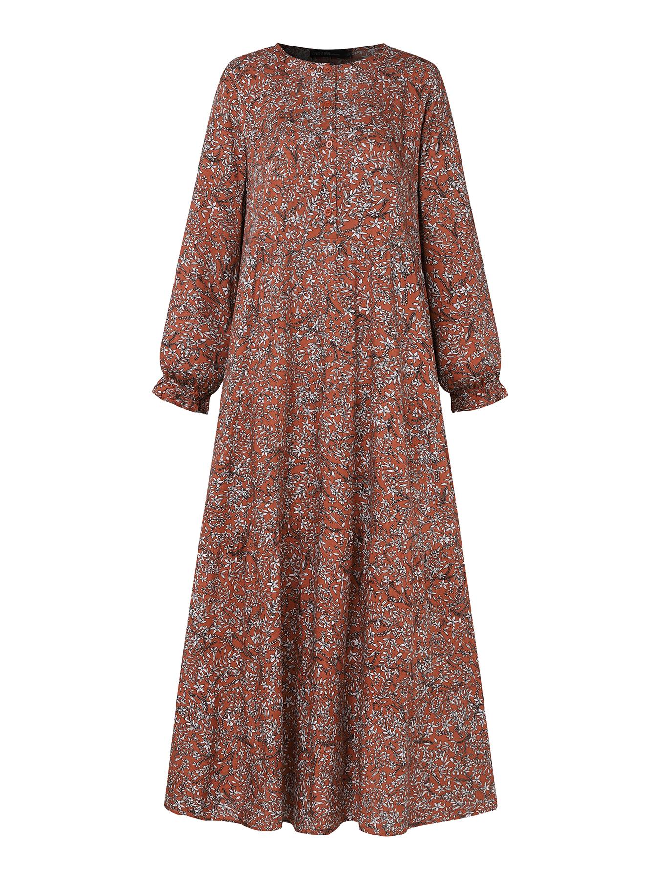 Women's Ditsy Floral Print Long Sleeve Tunic Dress, Casual Round Neck Dress for Holiday Vacation Daily Wear, Ladies Clothes for All Seasons