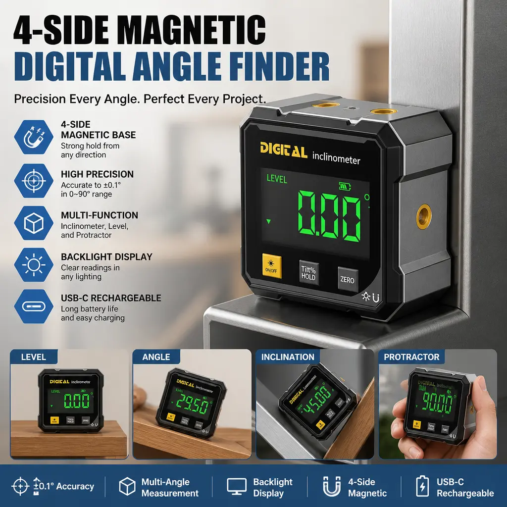 4-Side Magnetic Digital Cube Angle Finder with Backlight, Electronic Inclinometer Level & Protractor, Accurate Angle Gauge, Must-Have Woodworking Measuring Tool