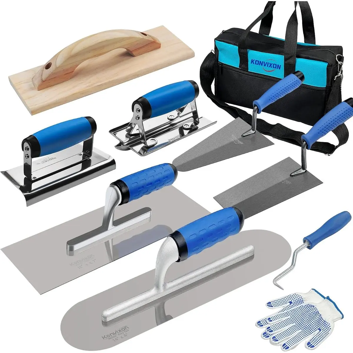 10 PCS Concrete Trowel Set, Professional Masonry Hand Tool Set| Large Flat Finishing and Pool Trowel, Wood Float, Concrete Edger and Groover, Margin Gauging, Wire Twister,Gloves & Carry Bag