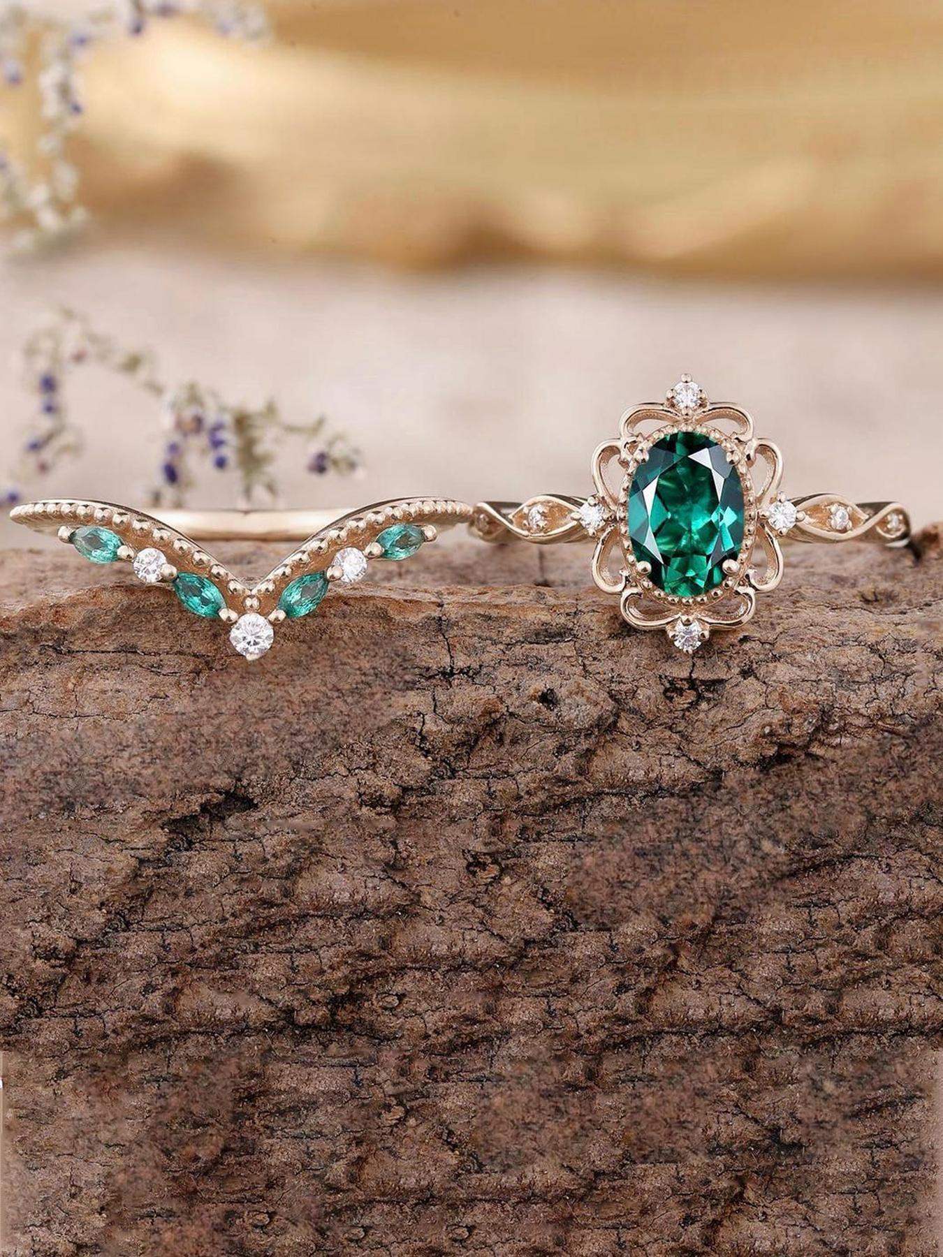 Trendy Emerald Zircon Ring, Sweet European Style Alloy Band, Zircon Wedding Rings, Rose Matching Set, Perfect for Thick Fingers