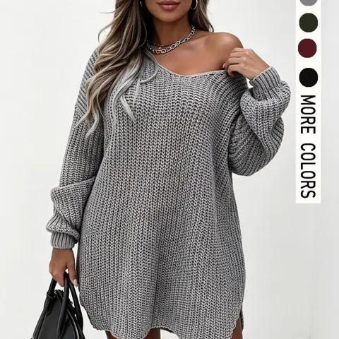 【Black Friday】Plus Size Women's Solid Color Sweater Dress, Casual Comfy Chic Knit Dress for Fall & Winter, Women's Plus Clothing for Daily Wear