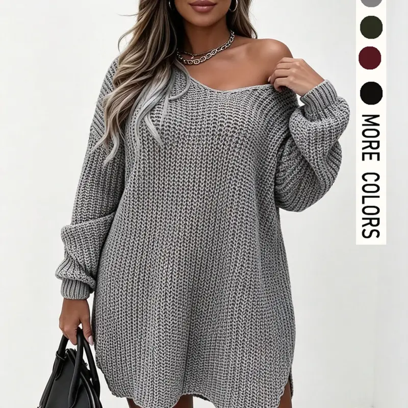 【Black Friday】Plus Size Women's Solid Color Sweater Dress, Casual Comfy Chic Knit Dress for Fall & Winter, Women's Plus Clothing for Daily Wear