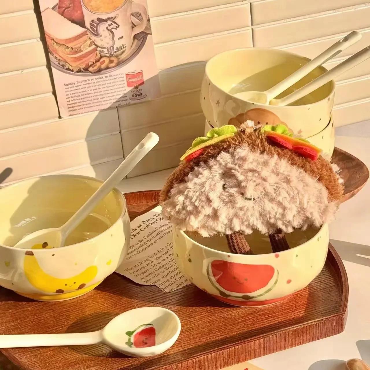 Cute Fruit Ceramic Bowl Creative Kawaii Hand-painted Ceramic Anti-scald Soup Bowl Home Kitchen Noodle Ramen Tableware Bowl