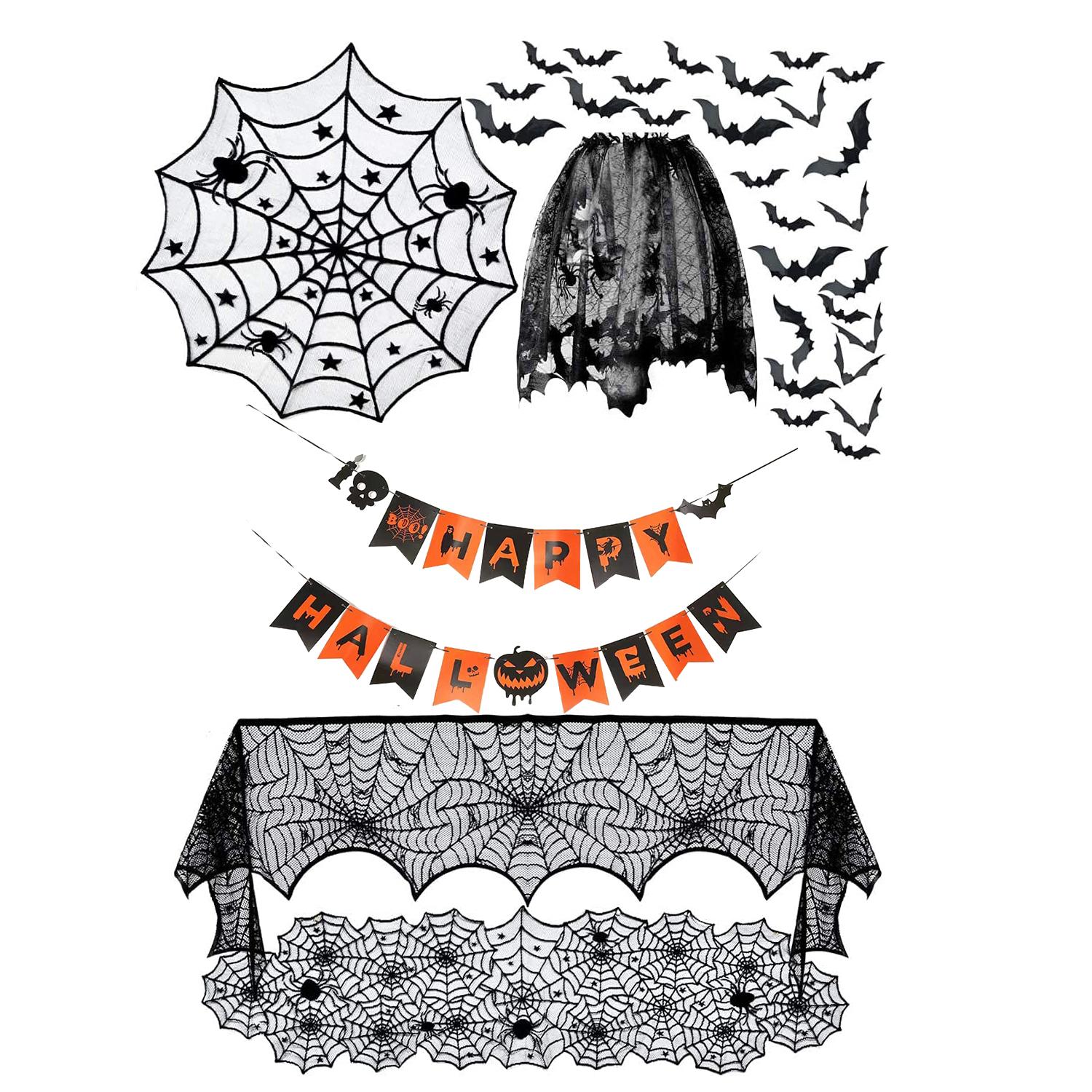 Spooky Bat & Spider Web Design Lace Curtain, 1 Count Gothic Style Short Curtain, Home Decoration Curtain, Window Screening for Home Living Room Bedroom, Halloween