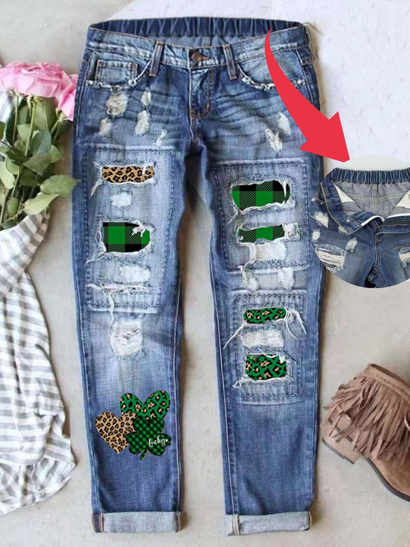 Women's Patch Ripped Distressed Mid-Waist Boyfriend Fit Washed Cute Floral Print Loose Denim Jeans Elastic Waistband Breathable Comfy for All Seasons