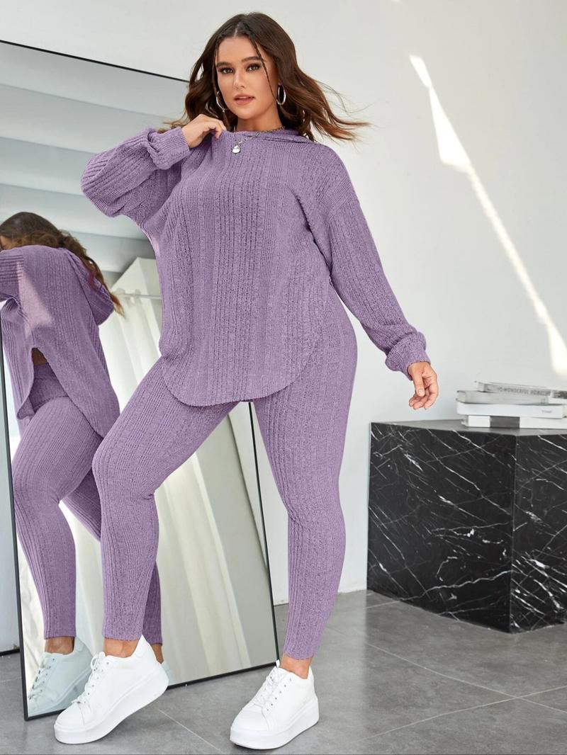 【Plus Size】 Plain Split Curved Hem Hoodie & Leggings Lounge Two-piece Set, Casual Fashion Cozy Breathable Two Piece Outfits for Daily Home Wear, Women's Sleepwear for Spring & Fall