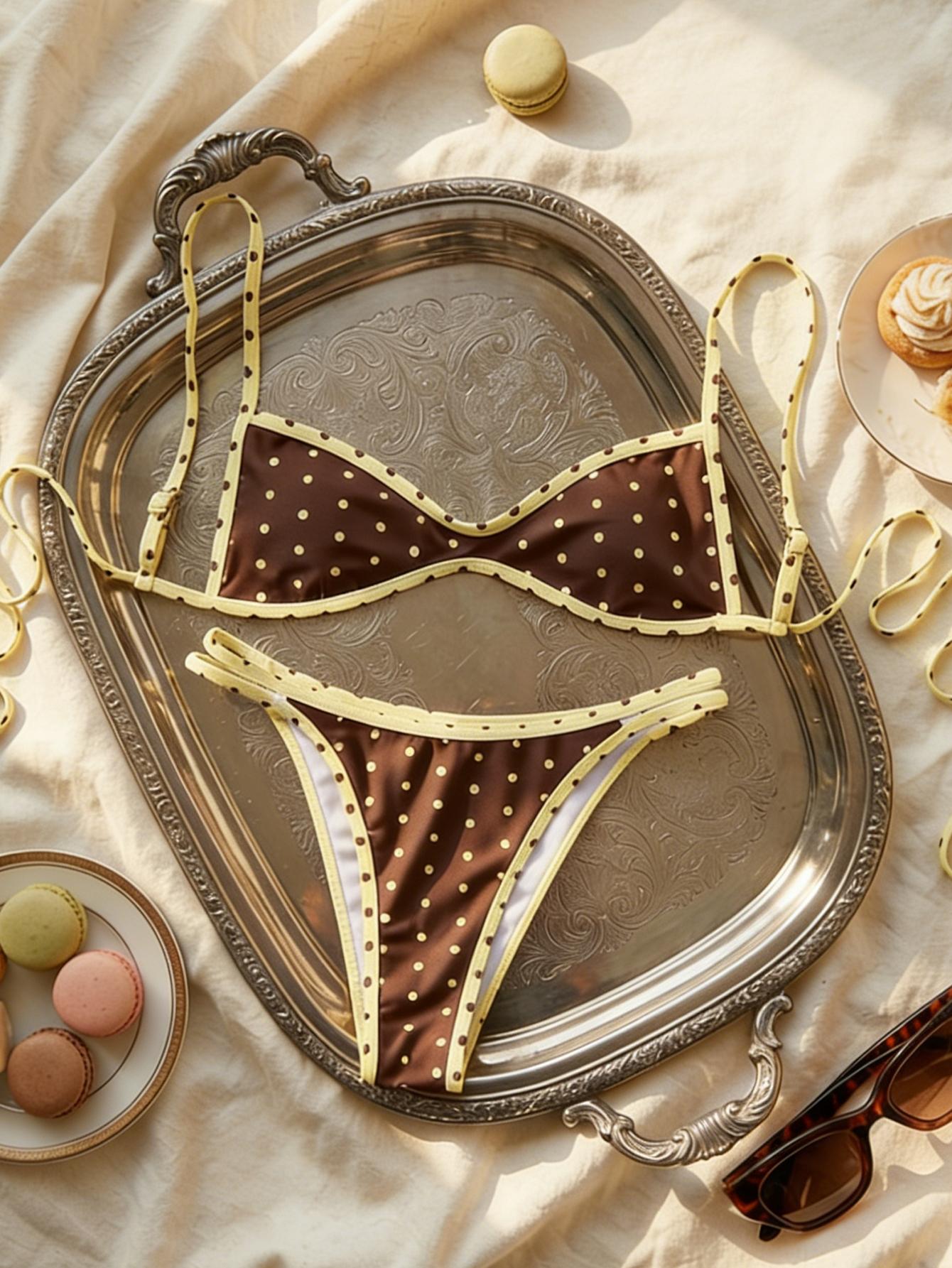 Women's Fashion Polka Dot Bikini Set, Sexy Sleeveless Low Neck Two-Piece Swimsuit, Summer Beach Vacation Pool Party Swimwear, Swimsuit Style Bikini, Bathing Suit