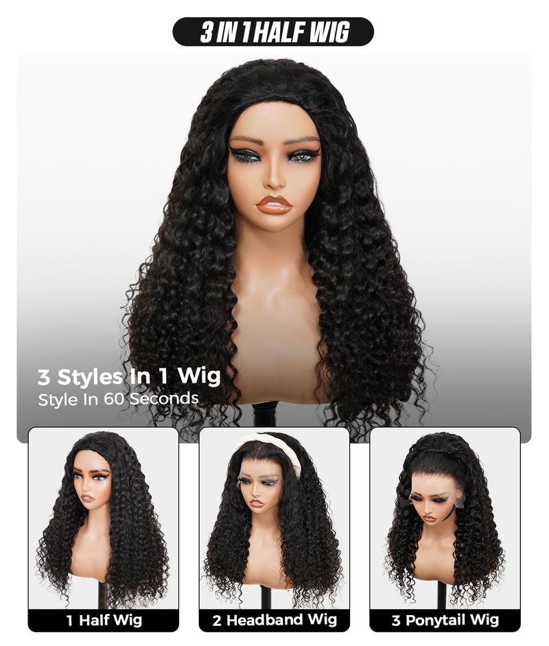 [FLASH SALE] OQ HAIR Burmese Curly Wear Go Half Wig Seamless Water Wave Flip Over Wig 3 IN 1 Wear Go Glueless Human Hair Wigs With Drawstring Invisible Hairline for Beginner Friendly Vacation Hair Wigs dealsforyoudays