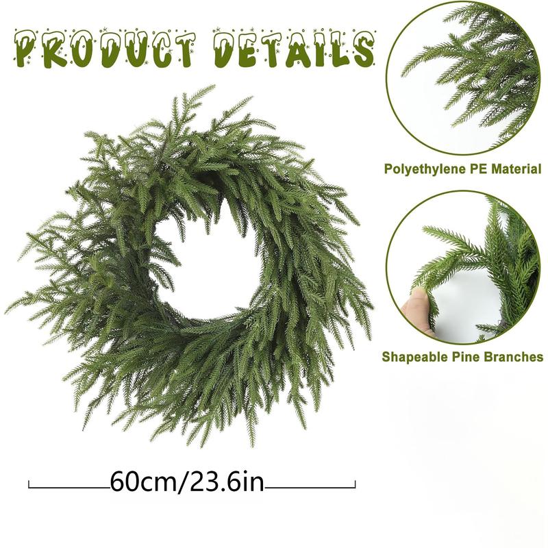 23.6 Inch Realistic Christmas Wreath, Soft Bendable Front Door Decor, Winter Outdoor Wall Window Decoration, Indoor Thanksgiving Xmas Ornament