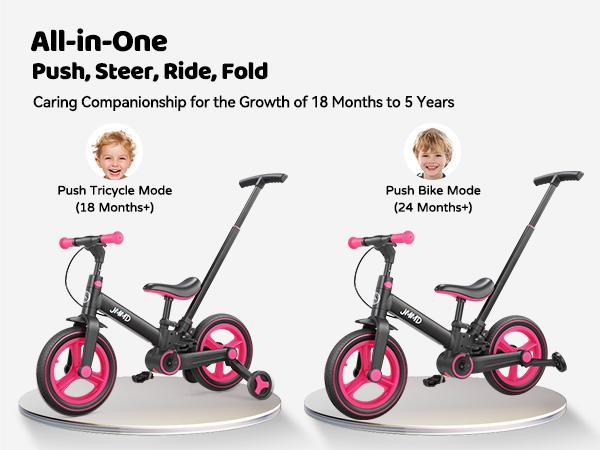 【ChristmasGifts】JMMD Multi-Functional 6-in-1 Toddler Bike for 18-60M Baby Balance Bike with Training Wheels, Pedals & Push Handle | Ride-On Toy with Brakes & Kickstand | First Birthday Gift for Baby Boys & Girls