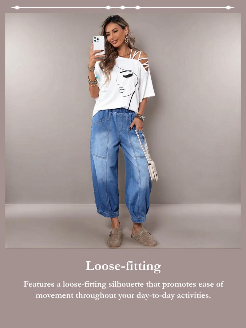 Women's Plaid Loose-Fit Denim Jeans, Casual All-Seasons Comfortable Design, Perfect for Daily Wear & Outdoor Activities