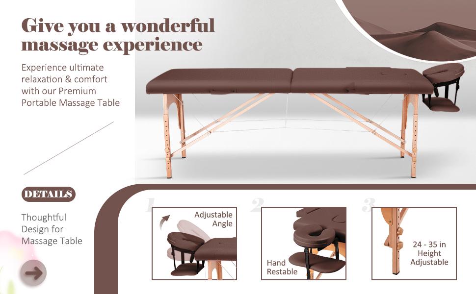 Massage Table Portable Wide Massage Bed 84 Inches Spa Bed 2 Fold Table 9 Heigh Adjustable Carry Case Salon Bed Face Cradle Bed Brown