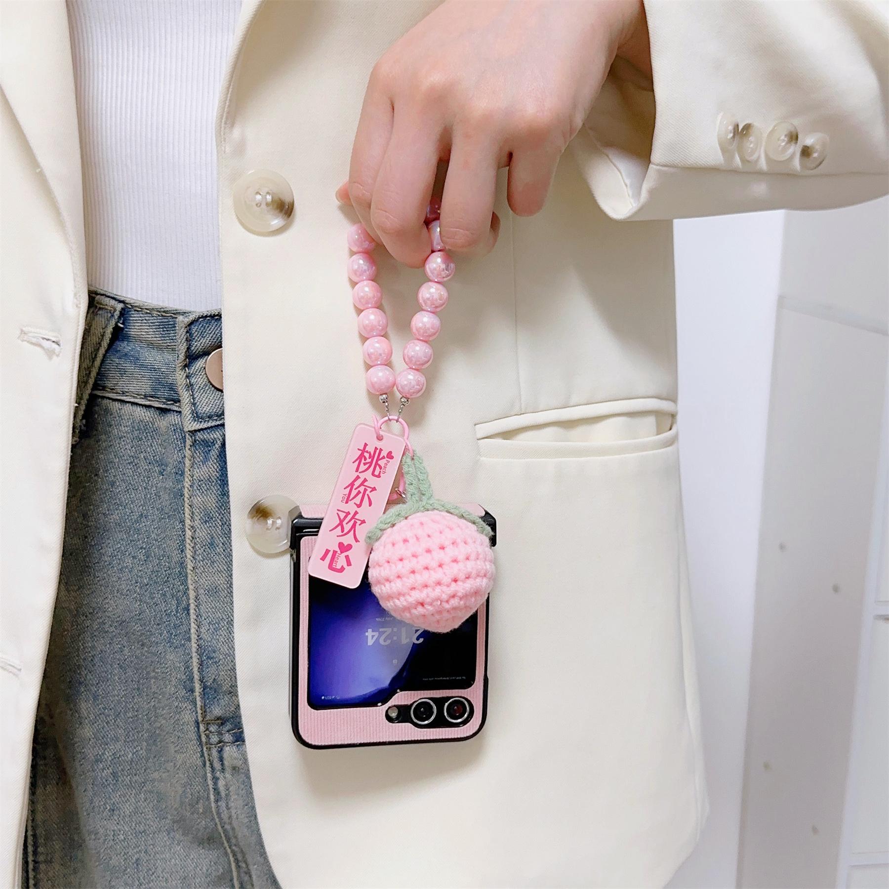 Korean Cute Peach Cherry Beads Ring Pendant Stripes Case for Samsung Galaxy Z Flip 7 Z Flip6 Zflip5 Zflip5 Back Cover