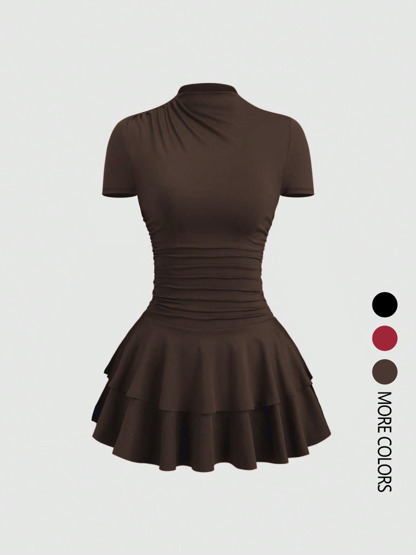 Women's Solid Color Short Sleeve Dress, Elegant Short Casual Wear, Perfect for Daily Use, Stylish and Comfortable Fashion