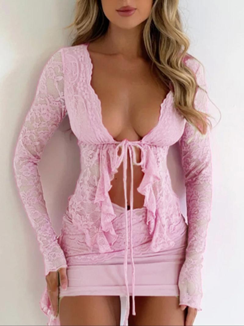 Elegant Sexy Lace Bow Short Long Sleeve Top, Fitted Plain Design for Spring & Fall, Women's Fashionable Blouse