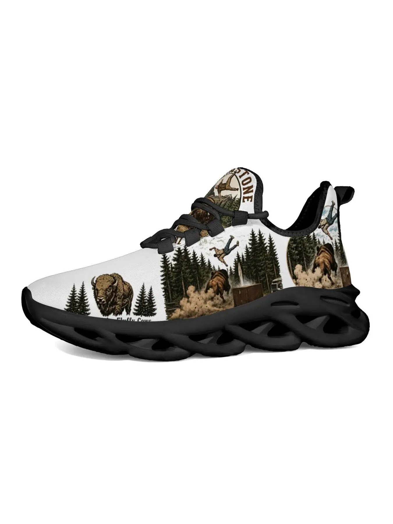 Do Not Pet The Fluffy Cows Vintage Wilderness Landscape Art Print Blade Sneakers, Man Woman Hollow Wave Cushion Sole Mesh Running Shoes, Mountain Pine Tree Bison Sunset Outdoor Scenery Print Casual Athletic Trainers