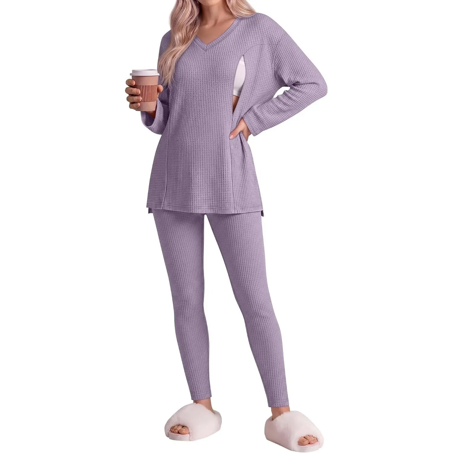 2 Pcs Maternity Nursing Pajamas Set Oversize | Breastfeeding Outfits, Waffle, Postpartum, Long Sleeve Shirts, Legging Pants, Loose Fit, Baggy, Loungewear, Sleepwear