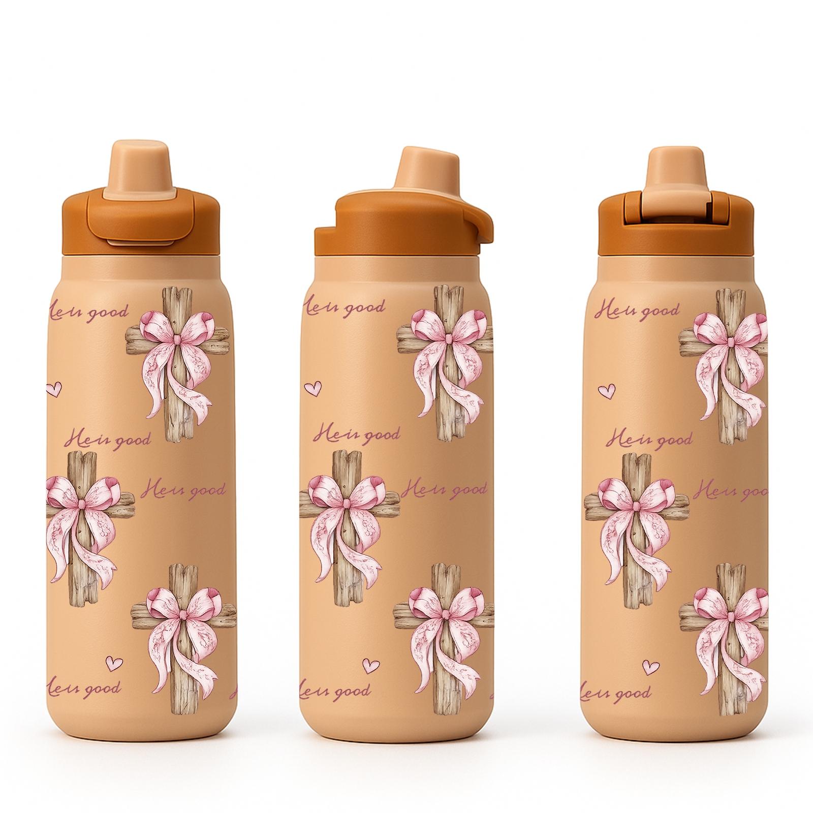 40oz Christian Faith Insulated Mug with Handle and Straw Lid, He Is Good Cross and Pink Bow Print, Double Wall Vacuum Thermal Mug for Hot and Cold Drinks, Large Capacity Car Travel Mug, Ideal Gift for Church Friends and Believers Tumbler