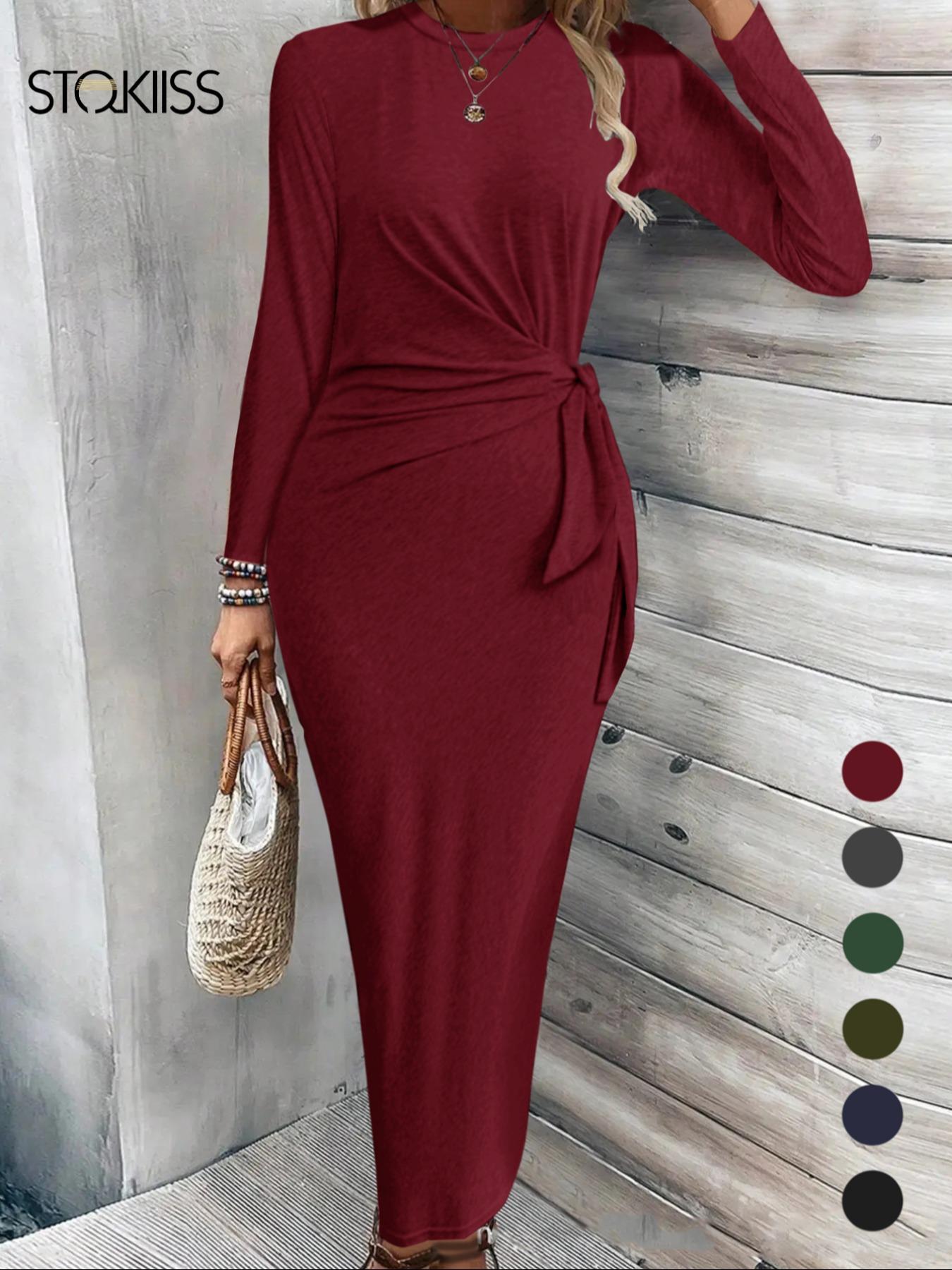 Women's Plain Knot Front Long Sleeve Bodycon Fit Dress, Casual Round Neck  Maxi Dress for Fall & Winter, Women's Clothing for Daily Wear, Womenswear -  TikTok Shop
