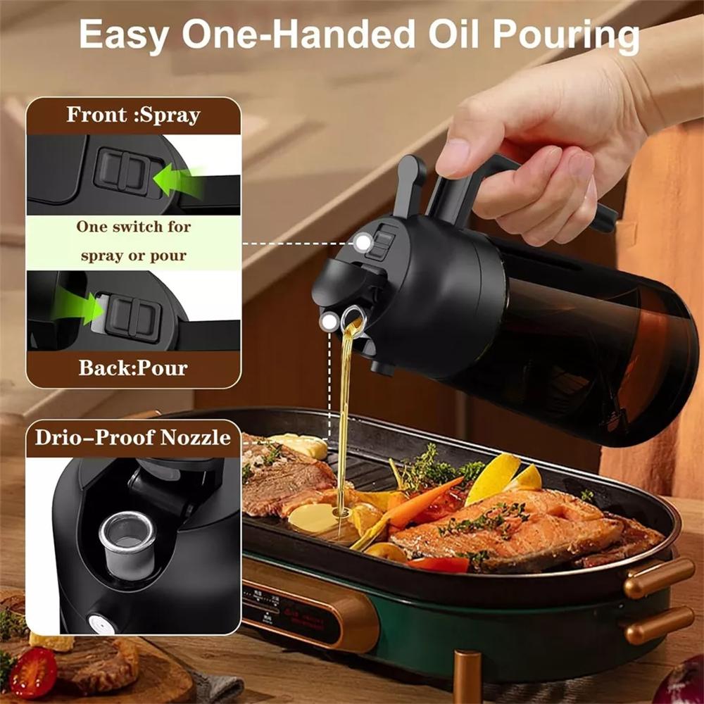 Two-in-one glass oil distributor and sprayer - 16-ounce leak-proof olive oil spray bottle, suitable for cooking, air fryers, grilling, baking and salad making, brown bottle