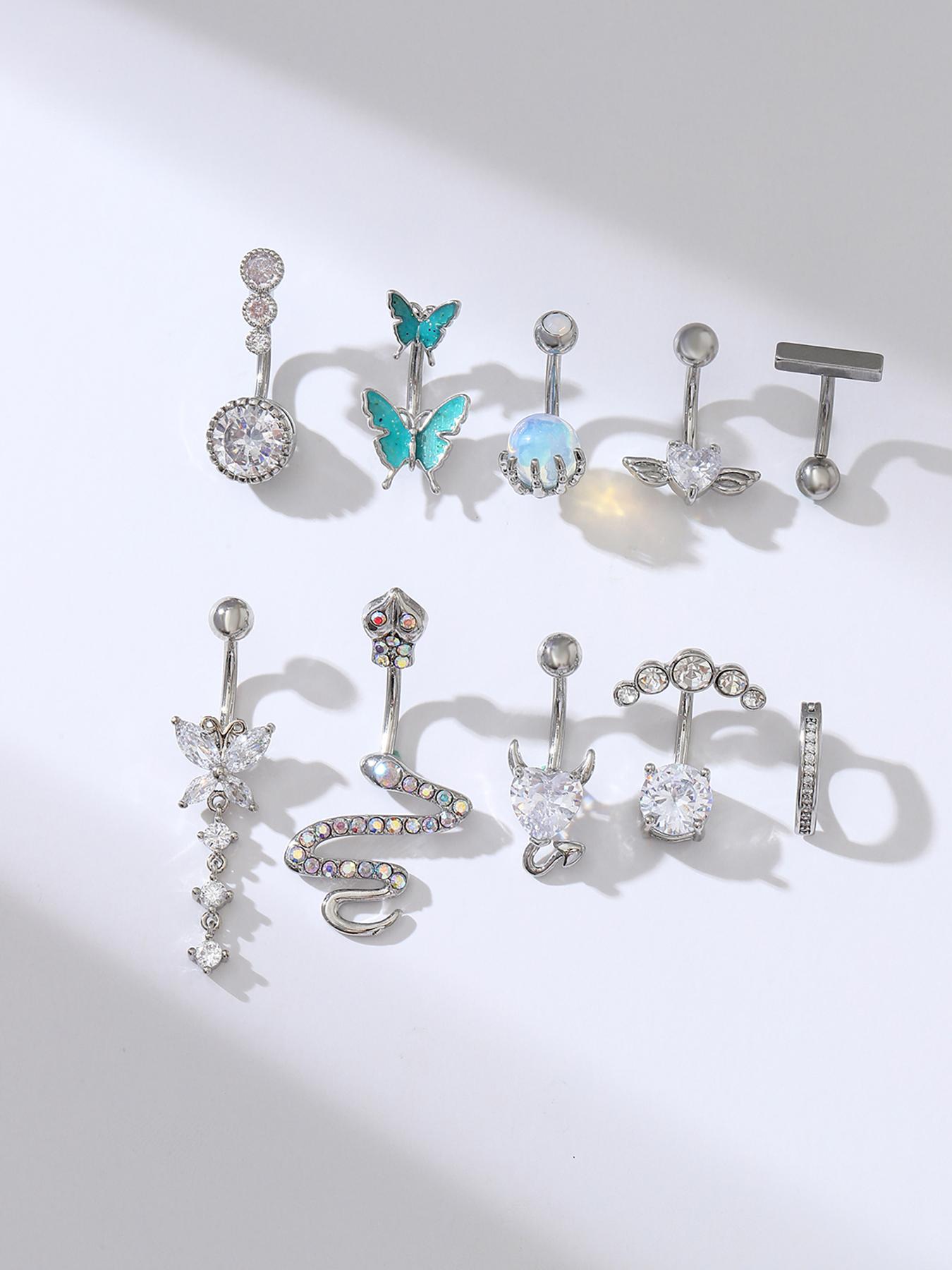 Women's Spring Rhinestone Butterfly & Snake Shape Belly Ring As Gift, Body Piercing Body Jewelry Set, Navel Piercing Jewelry, Maximalist Jewelry, Classic Belly Button Rings Accessories for Daily Wear Back To School, Body Jewellery