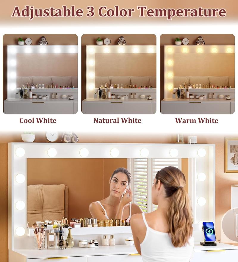 Vanity Desk with Large Mirror and Lights, 45.3in Makeup Vanity with Power Outlet 9 Drawers & Storage, 3 Lighting Color Adjustable, White Vanity Desk for Bedroom