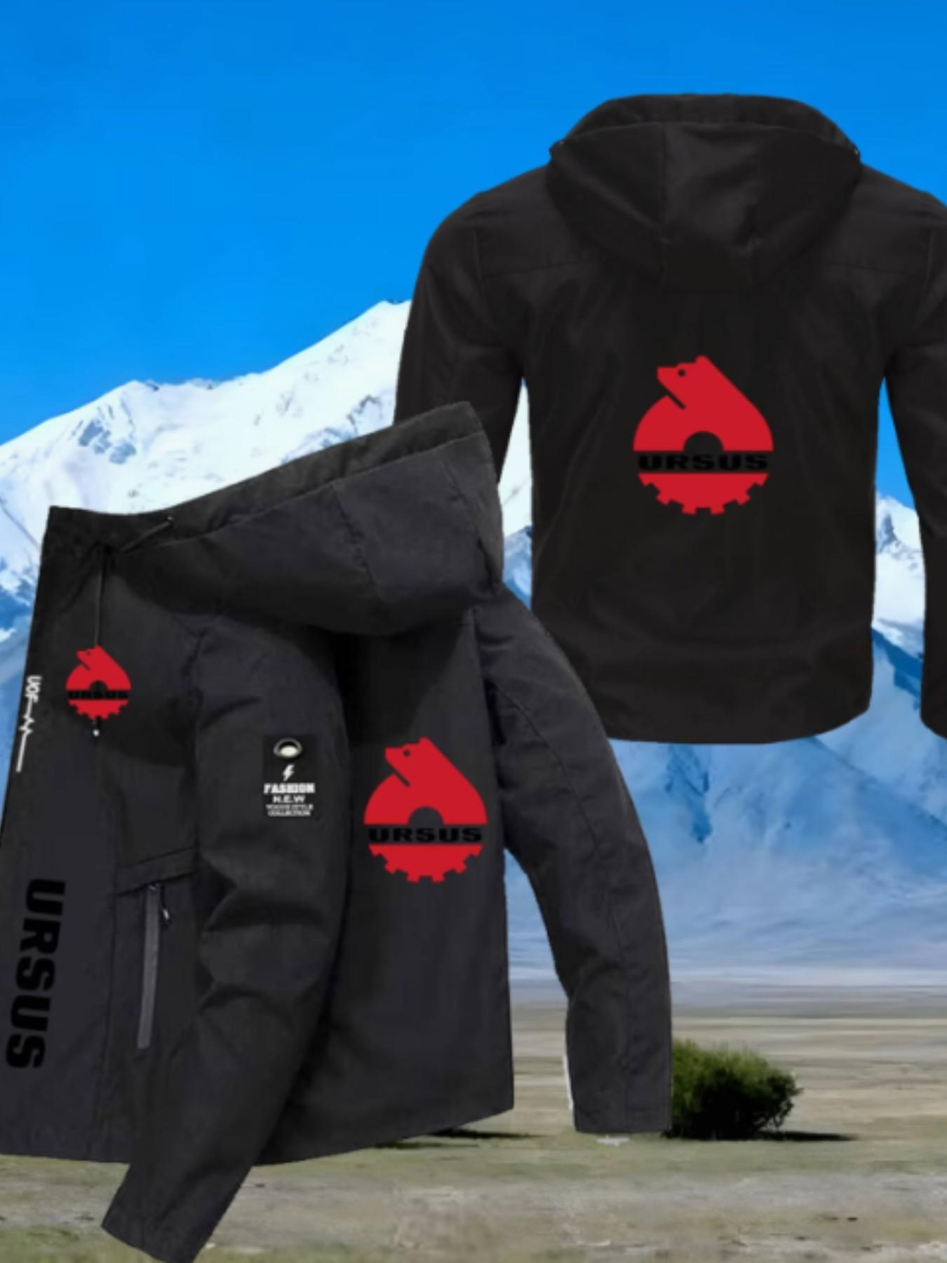 Men's Fashion Ursus Logo Lightweight Outdoor Windproof Jacket, Bear Print, Long Sleeve, Fitted, All Seasons, Durable Polyester