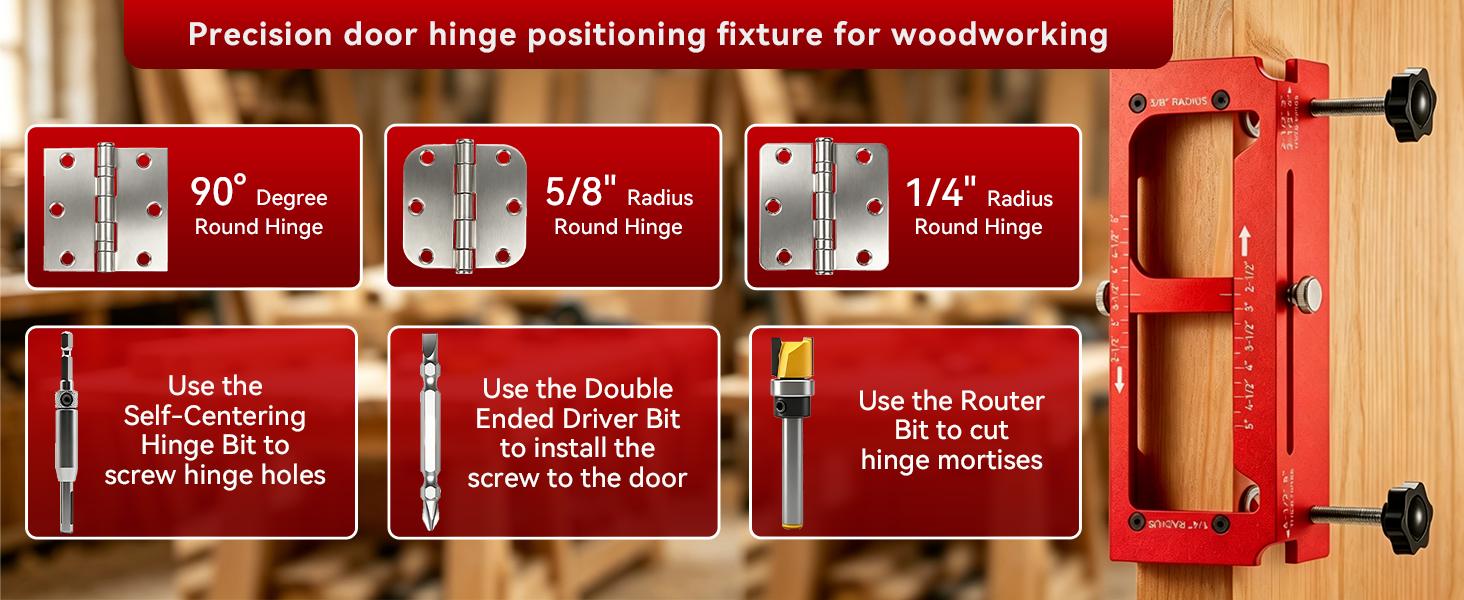Door Hinge Jig – Aluminum Alloy Cut-Out Tool for Door & Cabinet Hinges, Mortise Jig Fits 2.5" to 5" Hinges, Works with 1/4" and 5/8" Radius and Square Corners