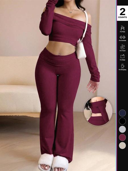Women's Two-Piece Set, Off-The-Shoulder Long Sleeve Crop Top & Pants, Solid Color for Casual Wear, Stylish Women's Clothing