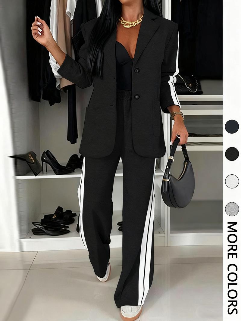 Women's Striped Print Blazer Jacket & Wide Leg Pants Set, Casual Fitted Suit for All Seasons, Stylish Ladies' Clothing Ensemble Women's Striped Print Blazer Jacket & Wide Leg Pants Set, Casual Fitted Suit for All Seasons, Stylish Ladies' Clothing Ensemble
